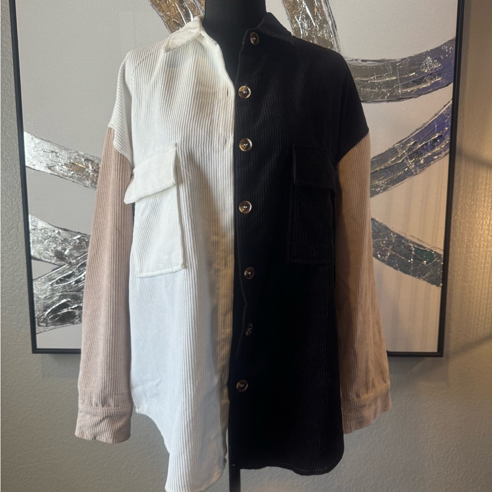 Colorblock Corduroy Button-Up Jacket - Black, White & Tan
